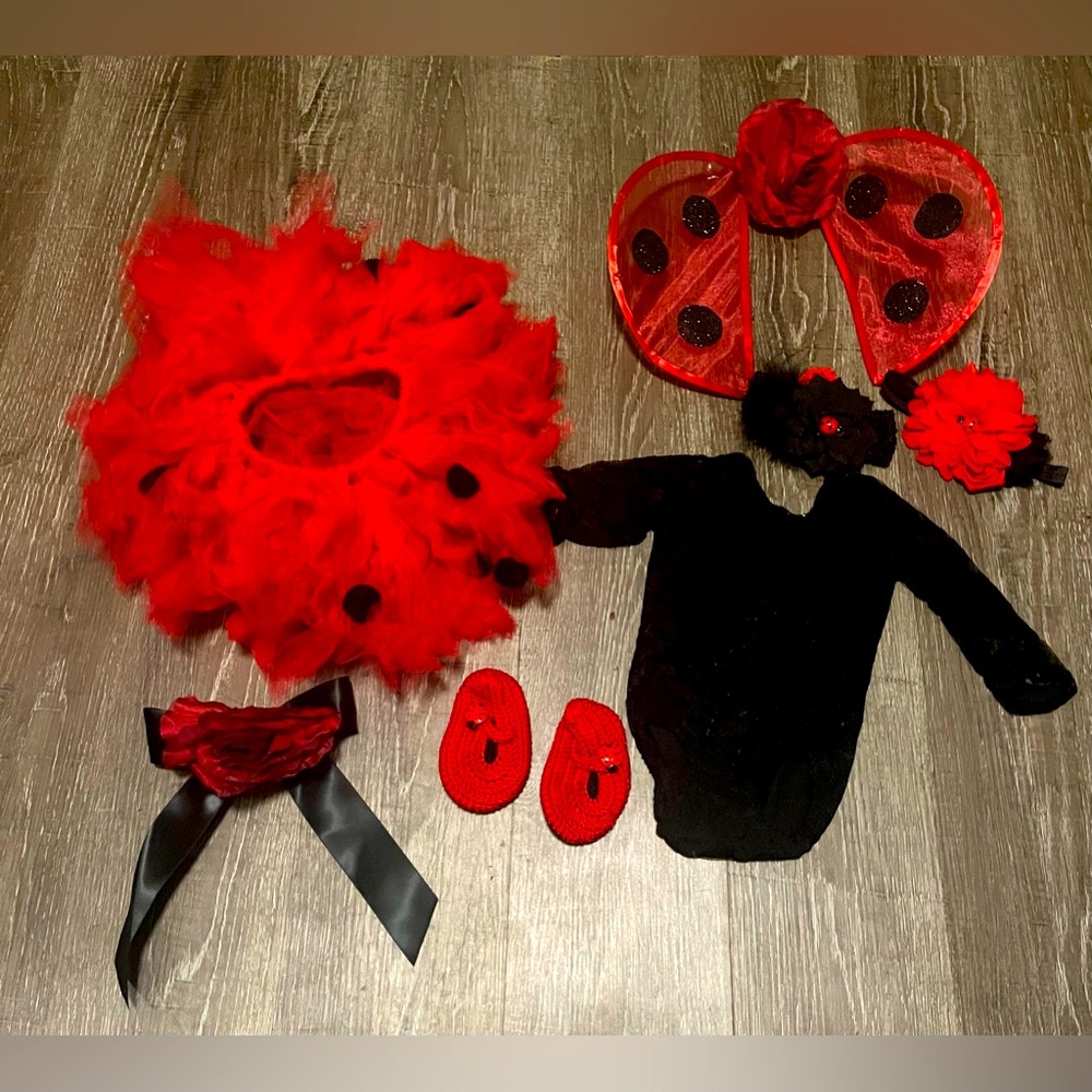 3-6 Month Baby Halloween Costume Lady Bug Red Tutu & Headbands, Bodysuit, Shoes